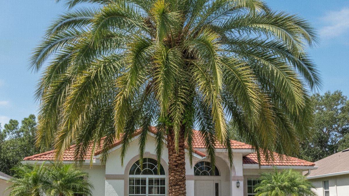 A sabal palm tree with a full green canopy in a Tampa Bay front yard
