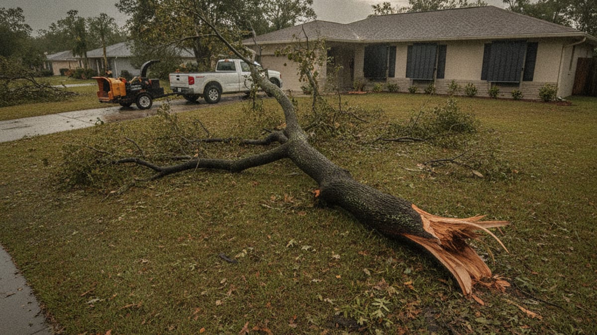 A large tree limb down in a Tampa Bay yard after a tropical storm