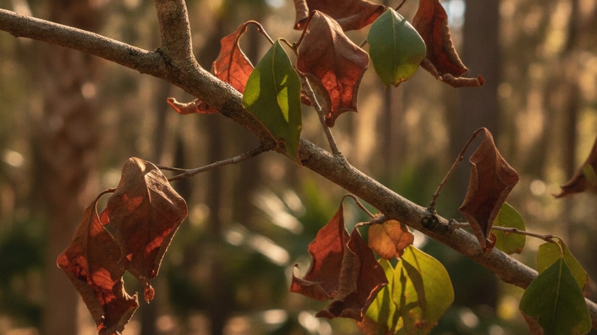 Wilting reddish brown leaves on a redbay tree branch showing signs of laurel wilt disease