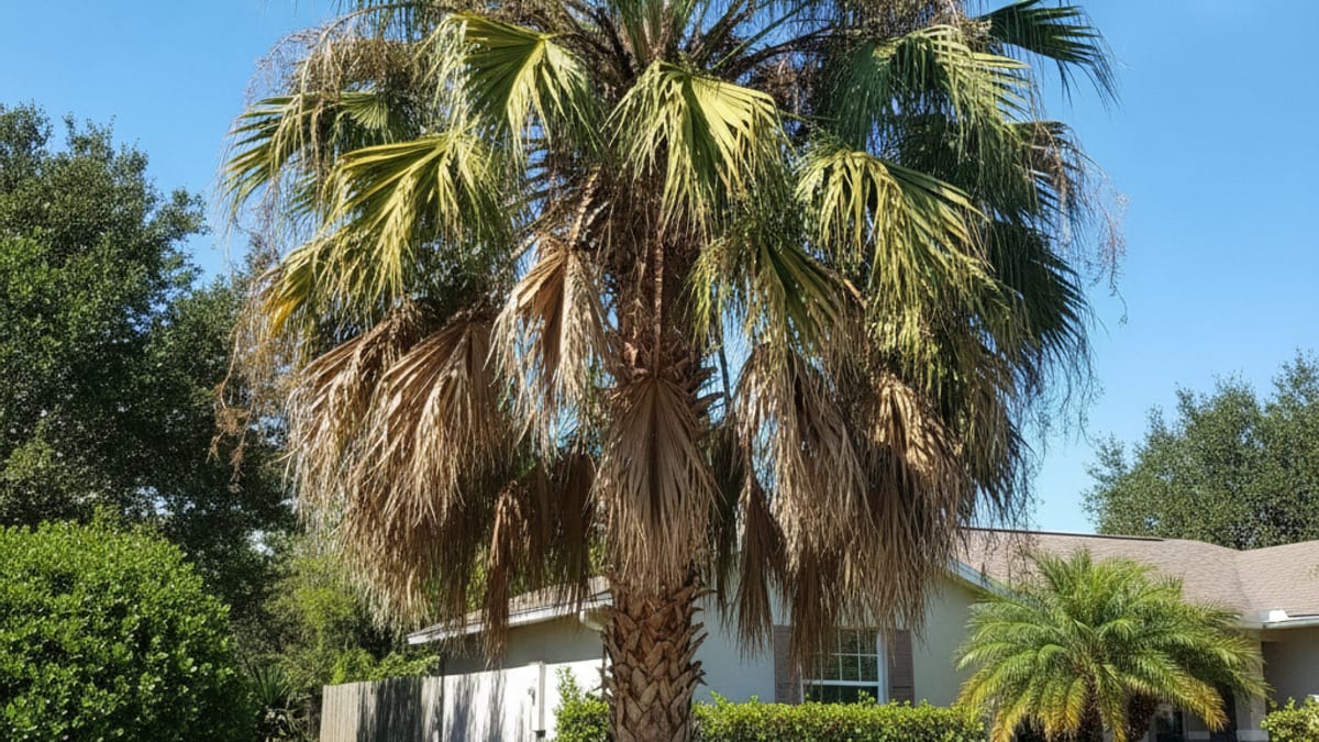 A sabal palm with lower fronds turning bronze and dying while upper fronds remain green