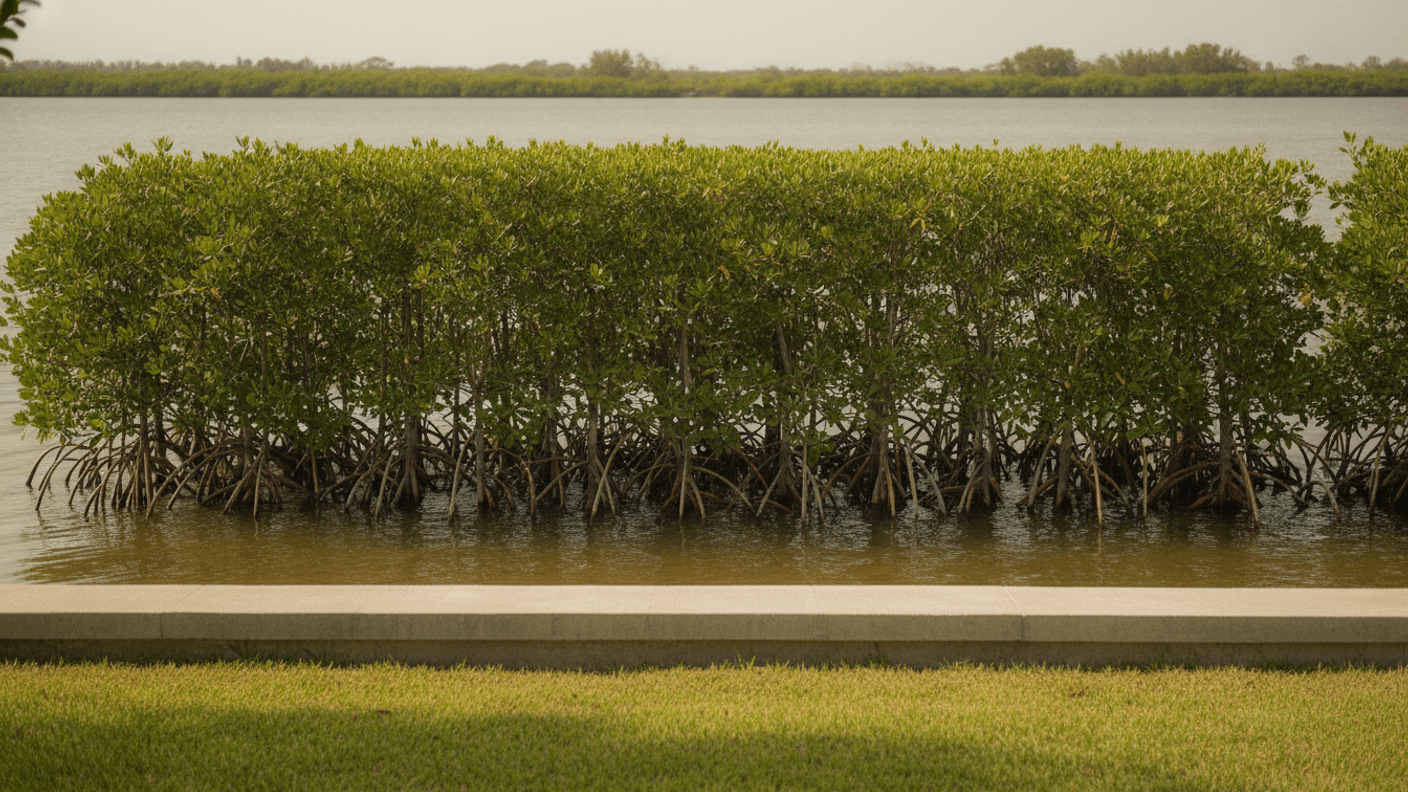 A trimmed red mangrove fringe along a Tampa Bay residential seawall