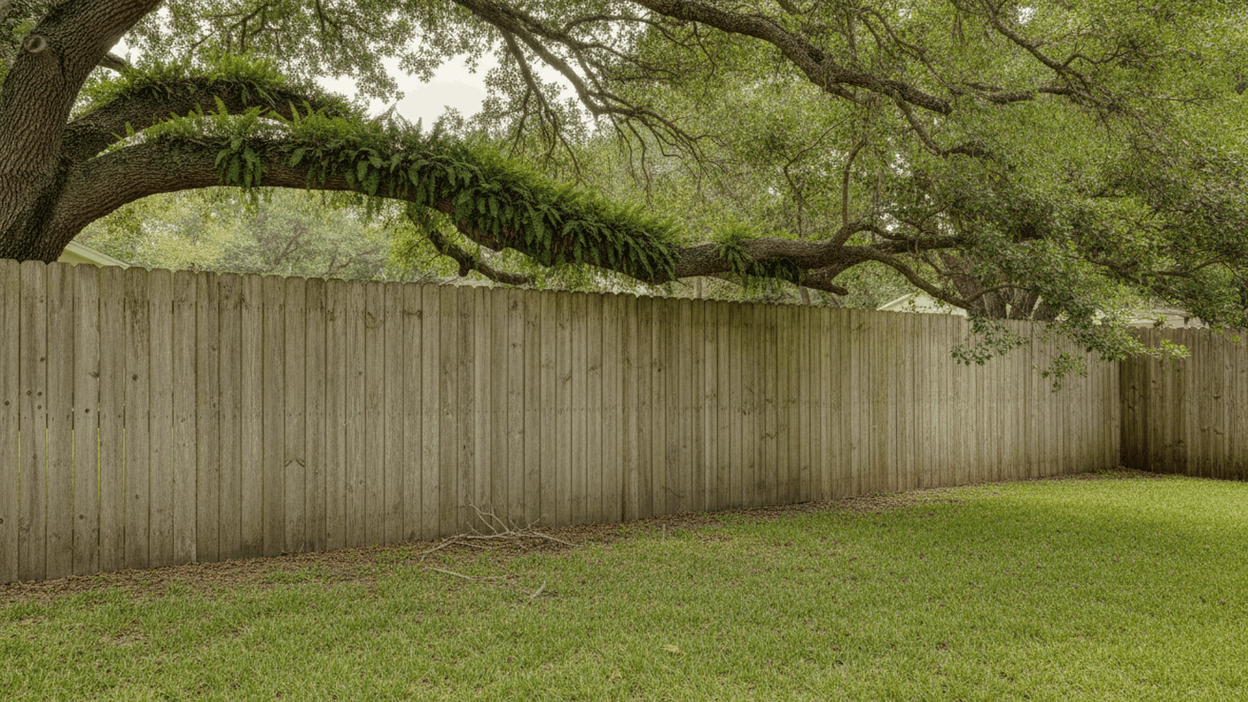 Oak branches crossing a residential fence line in a Tampa Bay yard