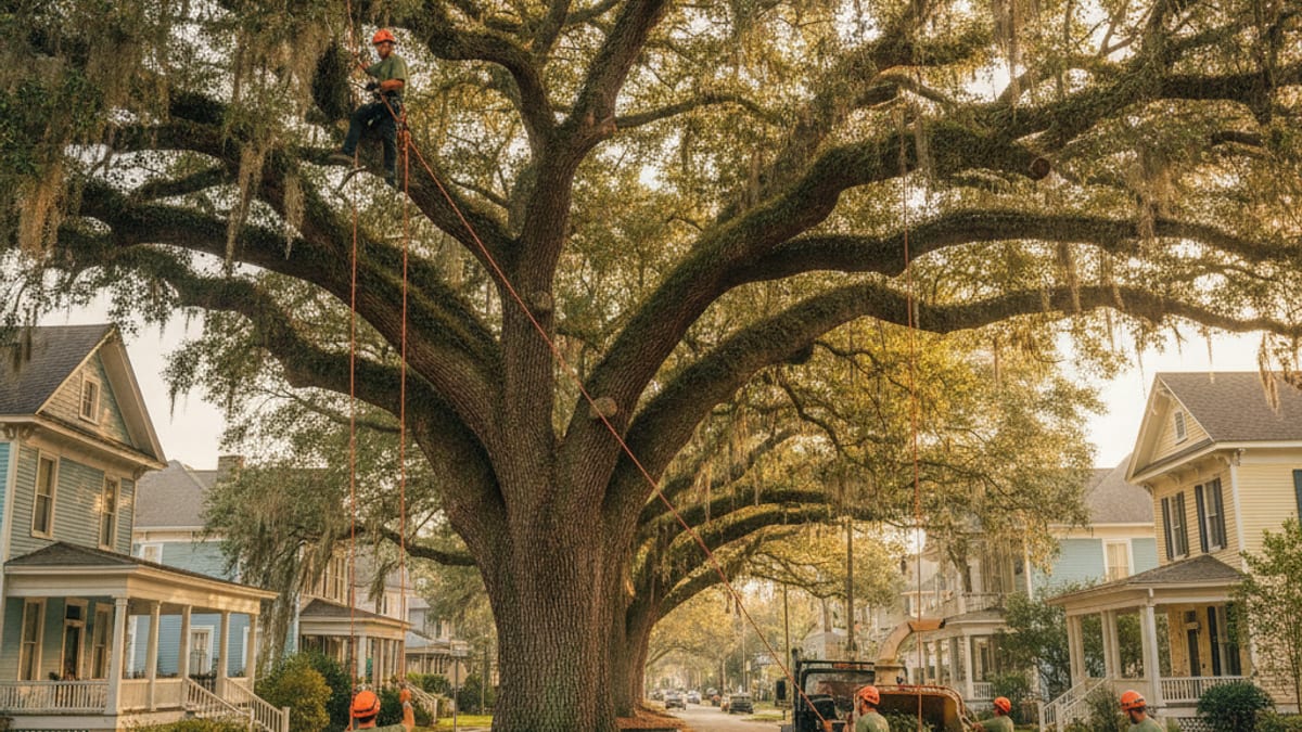 A wide canopy live oak draped in Spanish moss on a residential street in Tampa