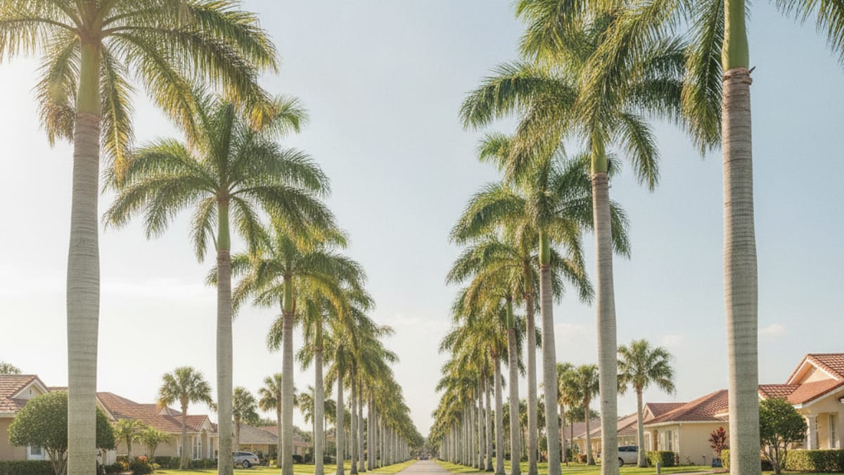 Sabal and queen palms lining a residential Tampa Bay street