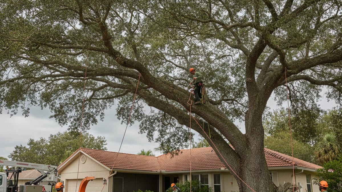 A large oak tree with a visible lean over a Tampa Bay house roofline