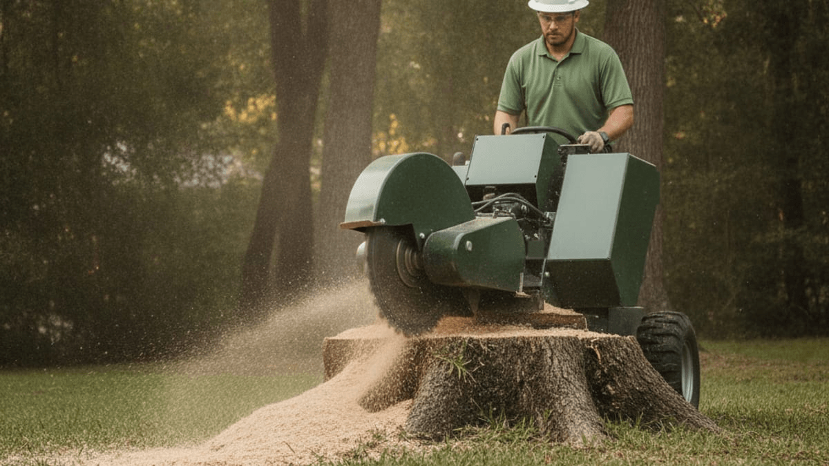 A stump grinder working through a tree stump in a Tampa Bay backyard