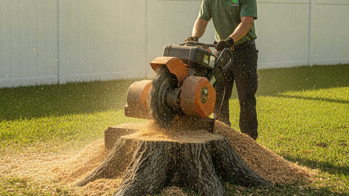 A stump grinder shaving down a tree stump in a Tampa Bay backyard