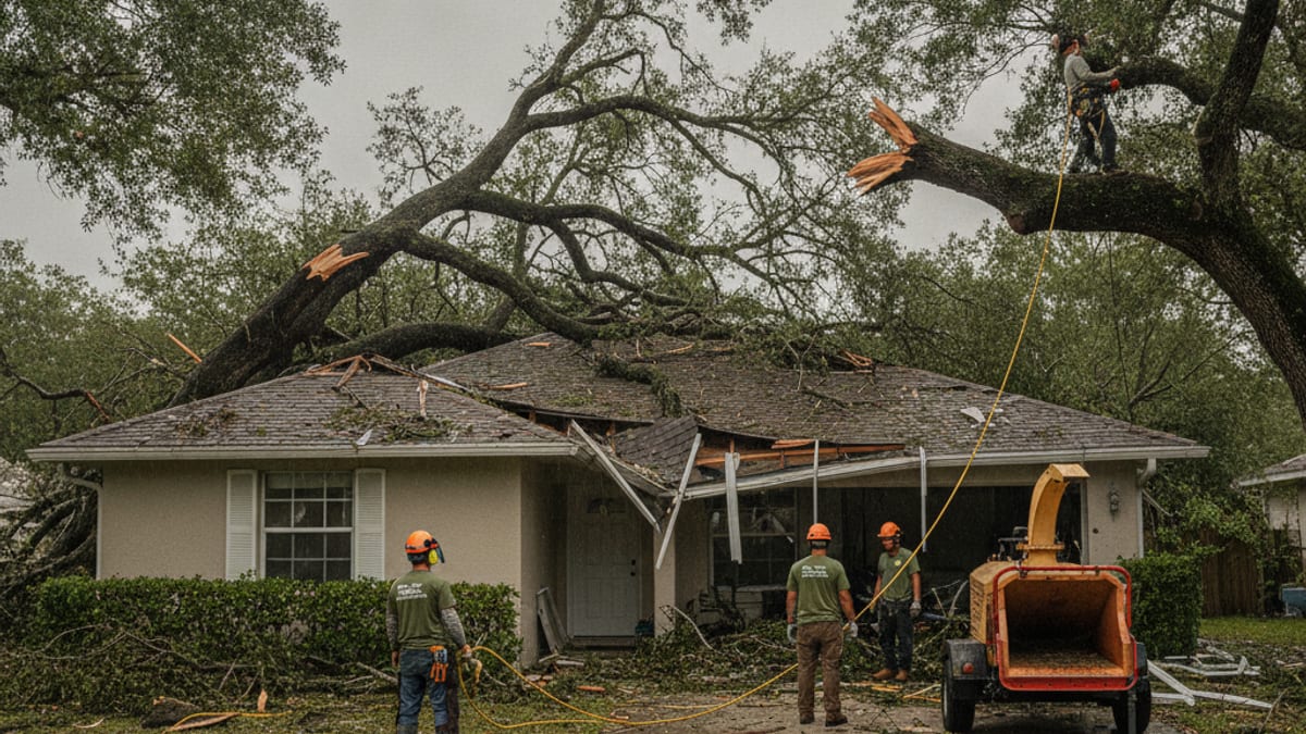 A large fallen tree resting on the roof of a Tampa Bay home after a storm