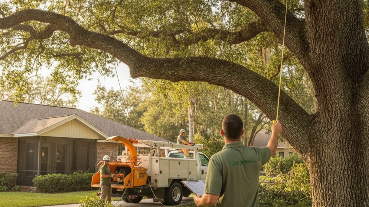 A large oak tree in a Tampa Bay backyard being assessed by a tree crew before removal