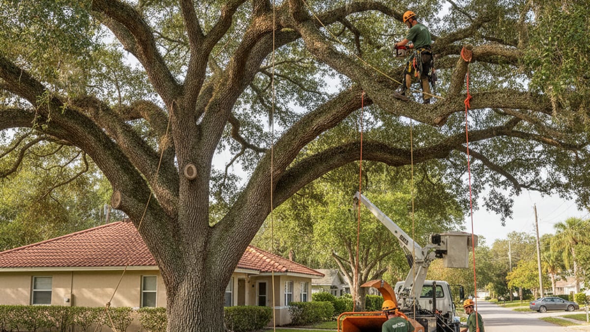 A mature live oak with a wide canopy in a residential Tampa neighborhood front yard