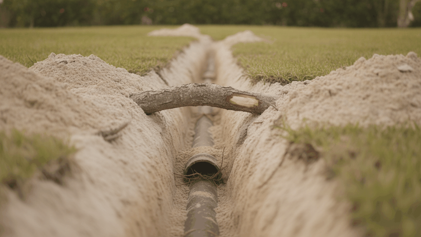 An exposed tree root crossing an open trench in a Tampa Bay yard
