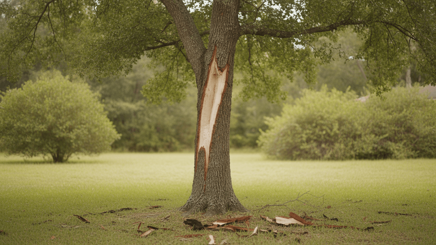 Live oak with a vertical bark scar down its trunk in a Tampa Bay yard