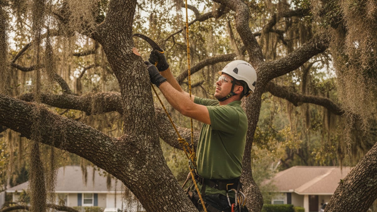 A tree crew trimming a mature live oak over a residential Tampa Bay yard