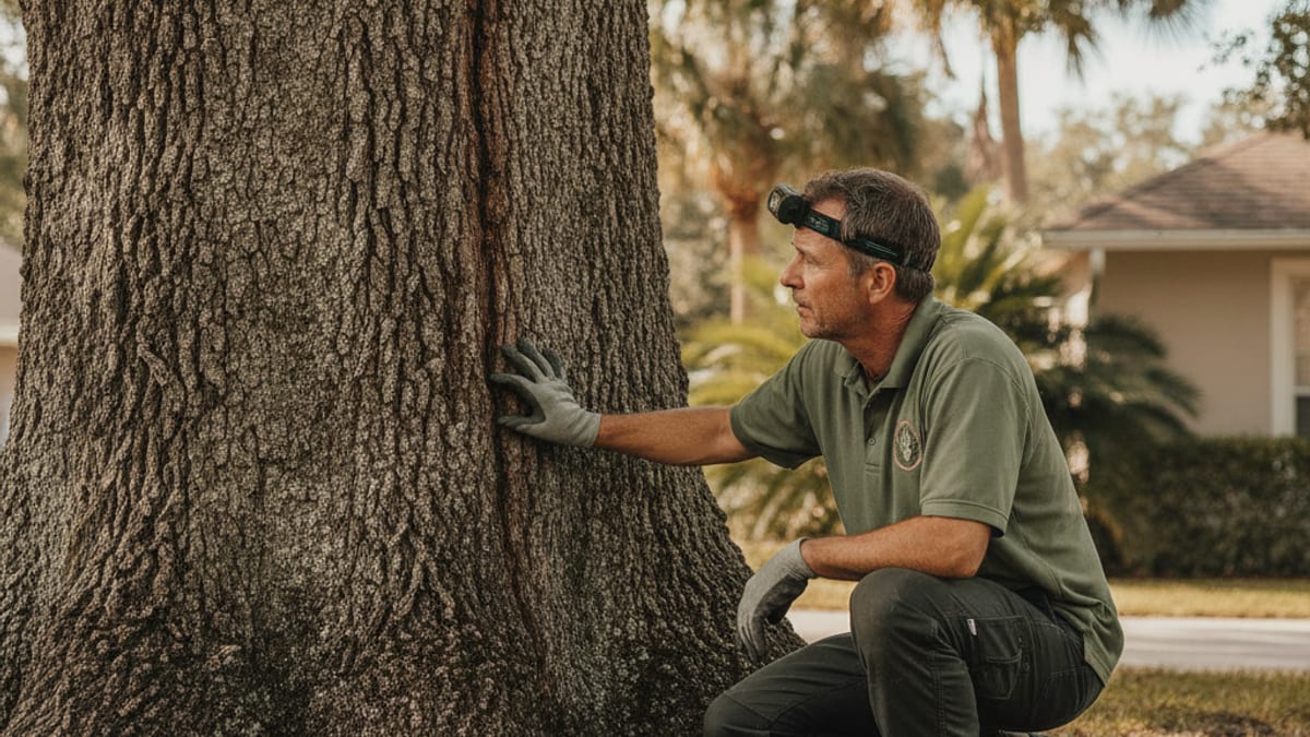 An arborist examining the trunk and root flare of a large oak tree for signs of decay