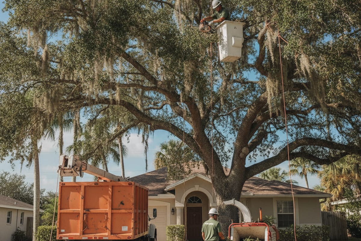 Tampa Bay tree crew removing a large limb from a residential yard