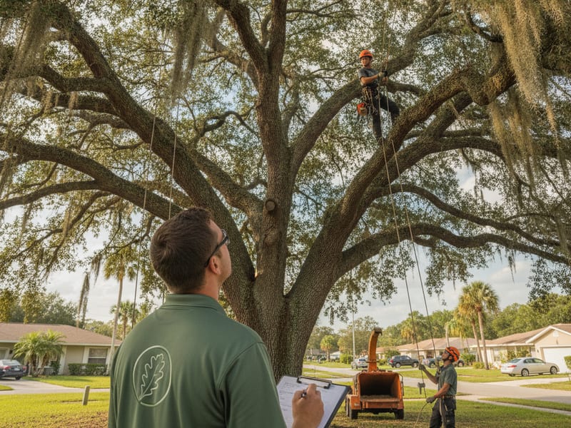 Certified arborist inspecting a mature live oak in Tampa Bay