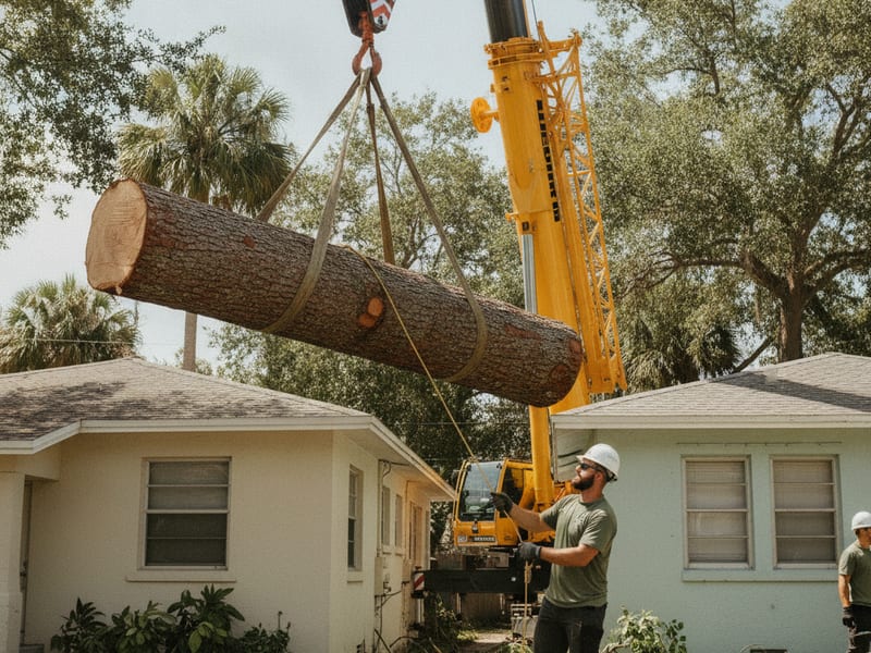Crane lifting a large tree section during a removal in Tampa Bay