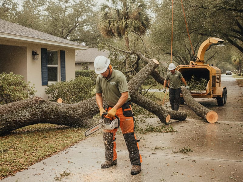 Crew clearing a fallen tree from a Tampa Bay driveway after a storm