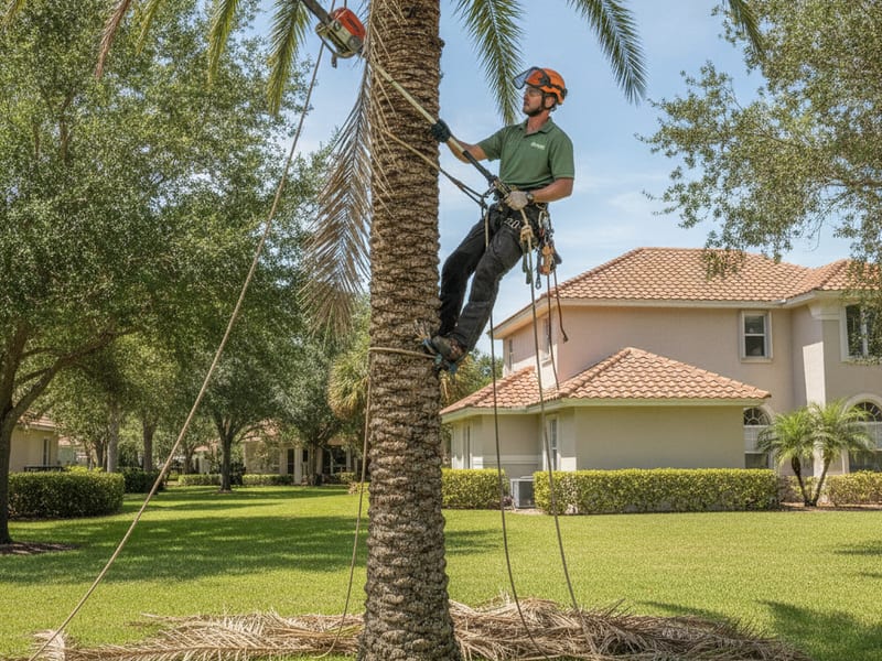Palm specialist trimming a sabal palm in a Tampa Bay front yard