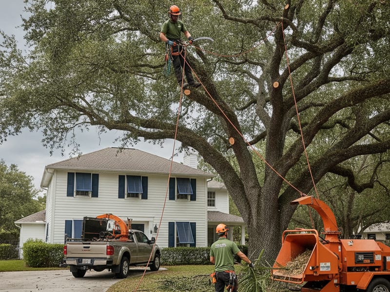 Crew thinning a live oak canopy ahead of hurricane season in Tampa Bay