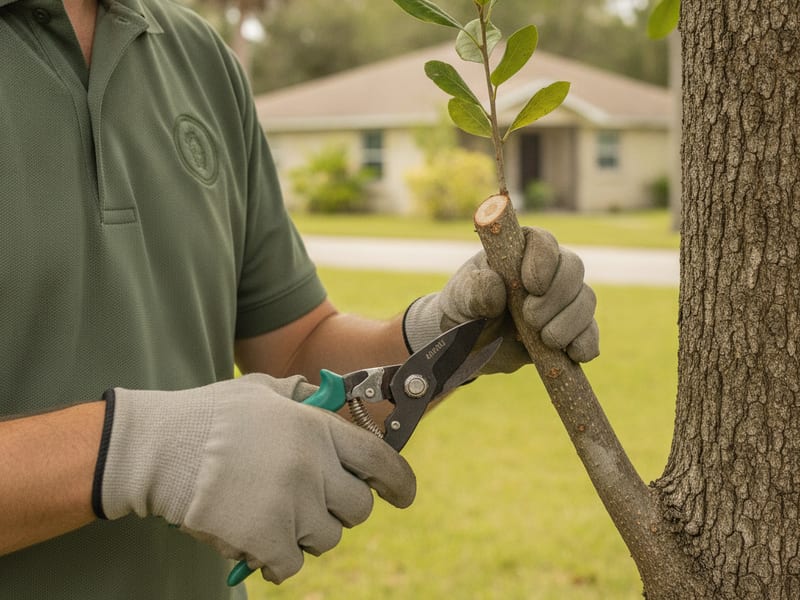Arborist making a structural pruning cut on a young oak in Tampa Bay