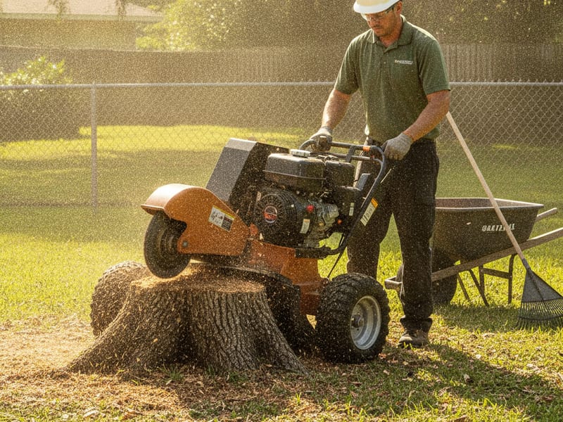 Stump grinder removing a tree stump from a Tampa Bay lawn
