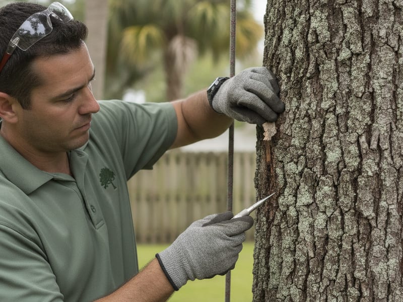 Arborist inspecting bark for disease signs on a Tampa Bay laurel oak