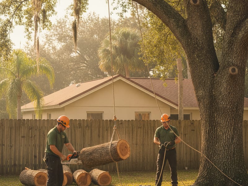 Tree service crew removing a large oak in a Tampa Bay backyard