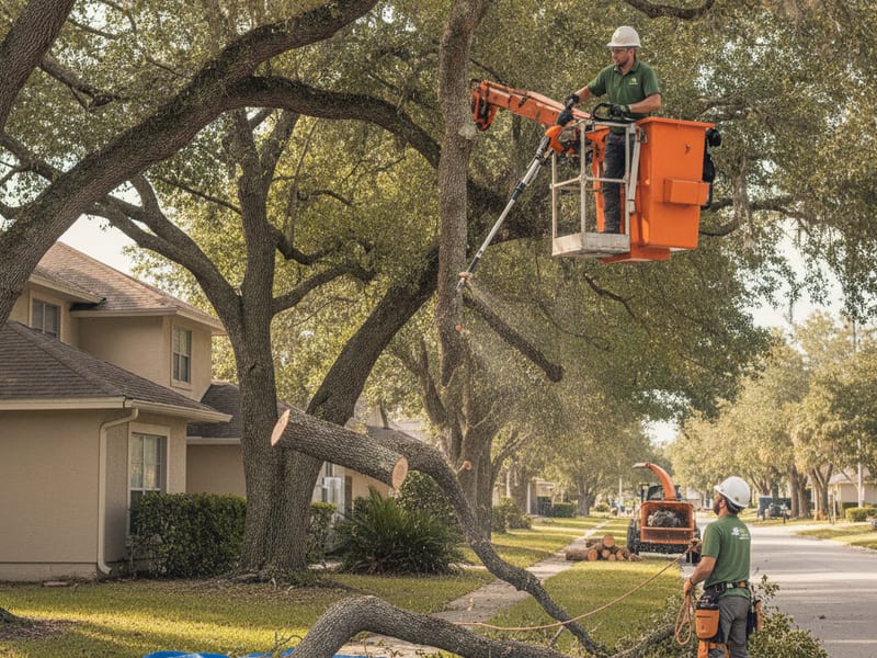 Arborist trimming a live oak canopy from a bucket truck in Tampa Bay